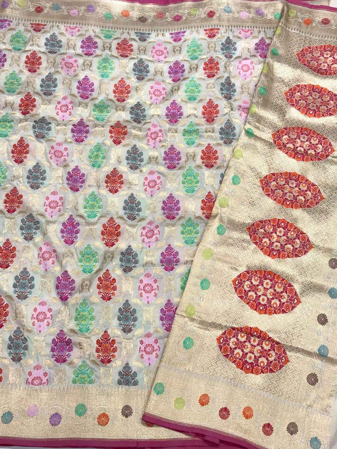 Ivory Pure Katan Silk - Pure Mulberry Silk Handloom Banarasi Saree