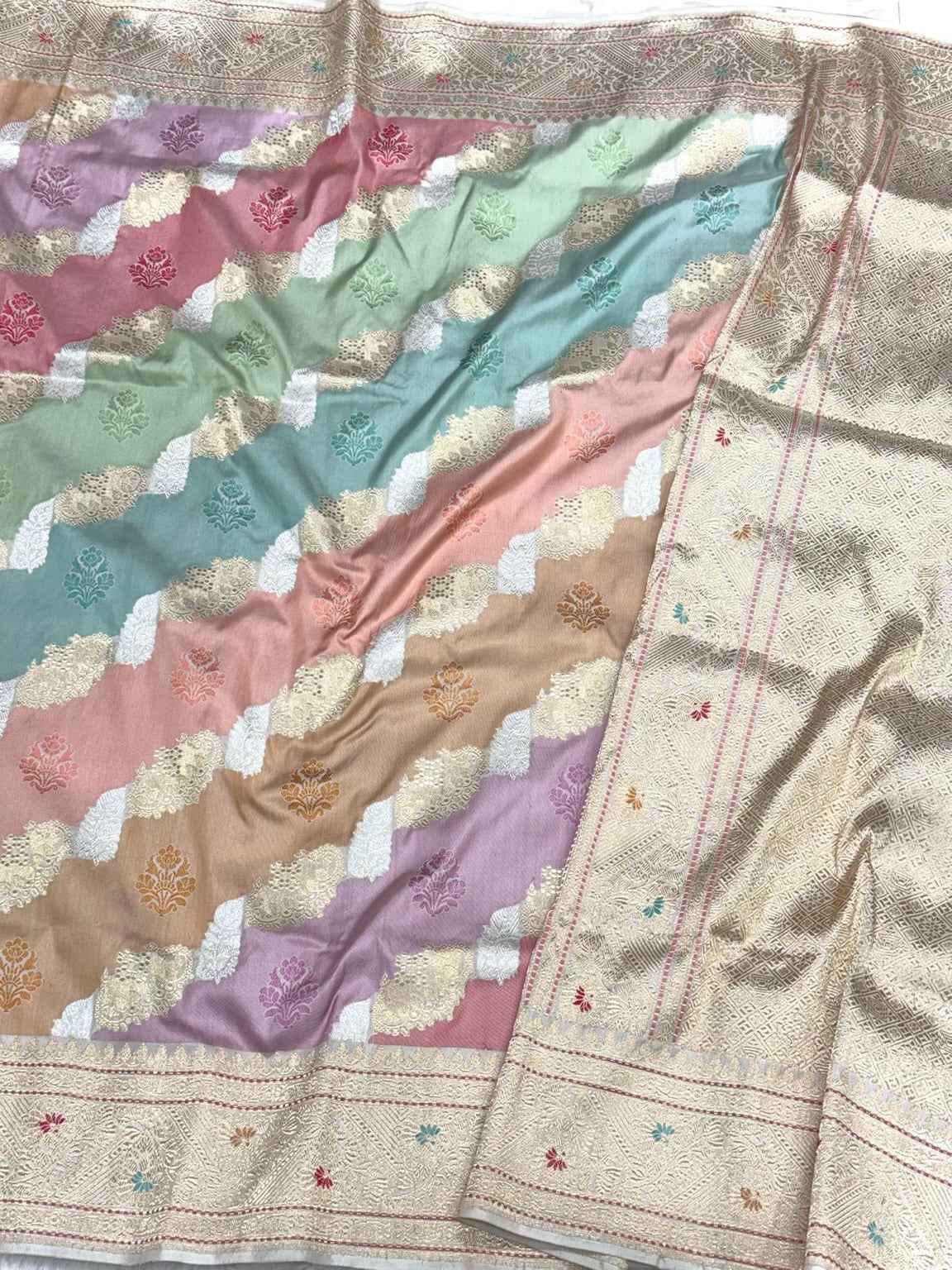 Beige Pure Katan Mulberry Silk | Kadhwa Weave | Banarasi Handwoven Modern Saree