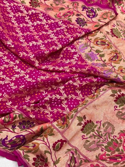 Rani Pink Handloom Banarasi Saree | Pure Chiffon Georgette Soft Drape Lightweight Bandhej Saree