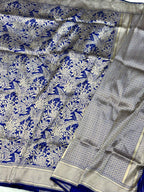 Blue Pure Mulberry Katan Silk Handloom Banarasi Saree