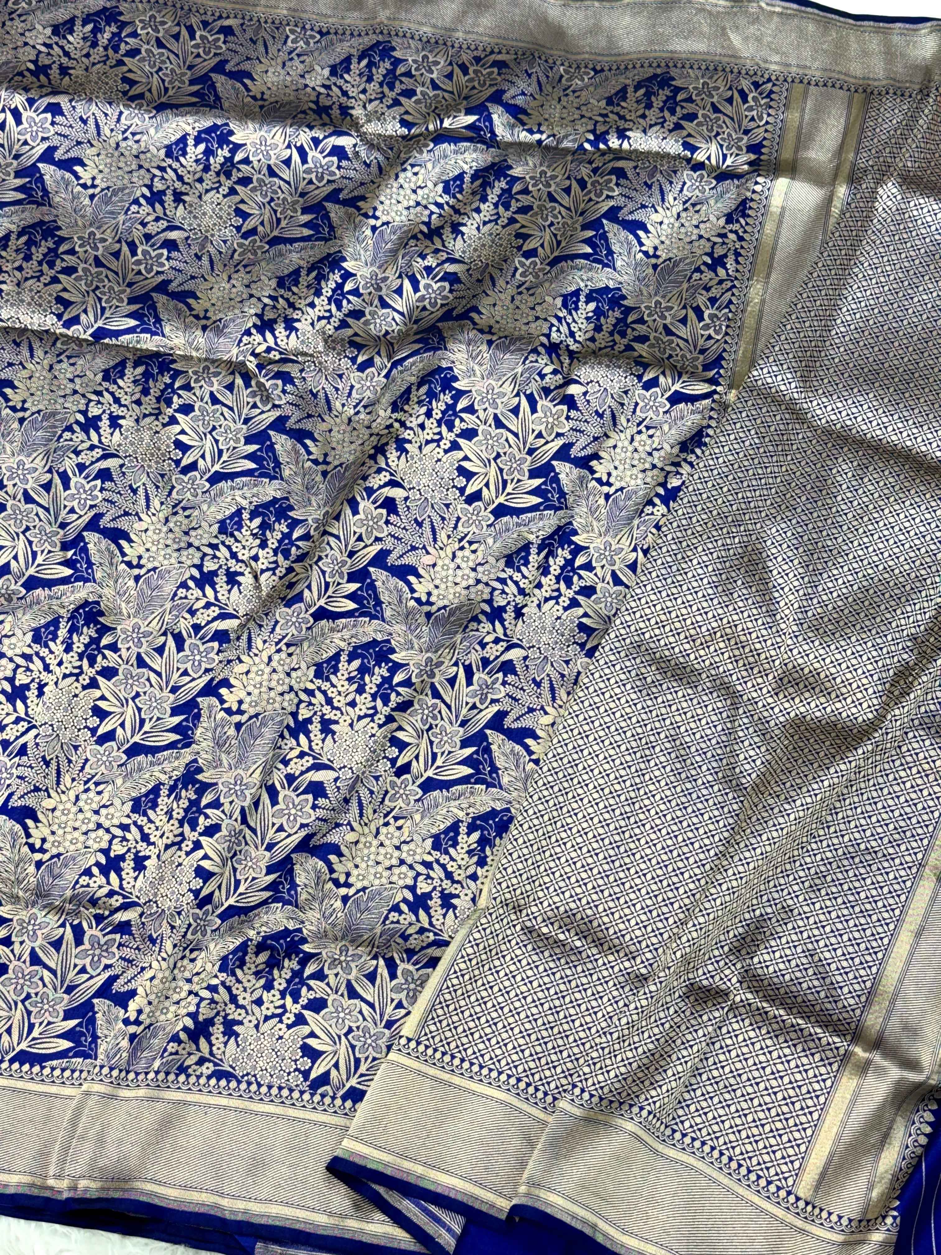Blue Pure Mulberry Katan Silk Handloom Banarasi Saree