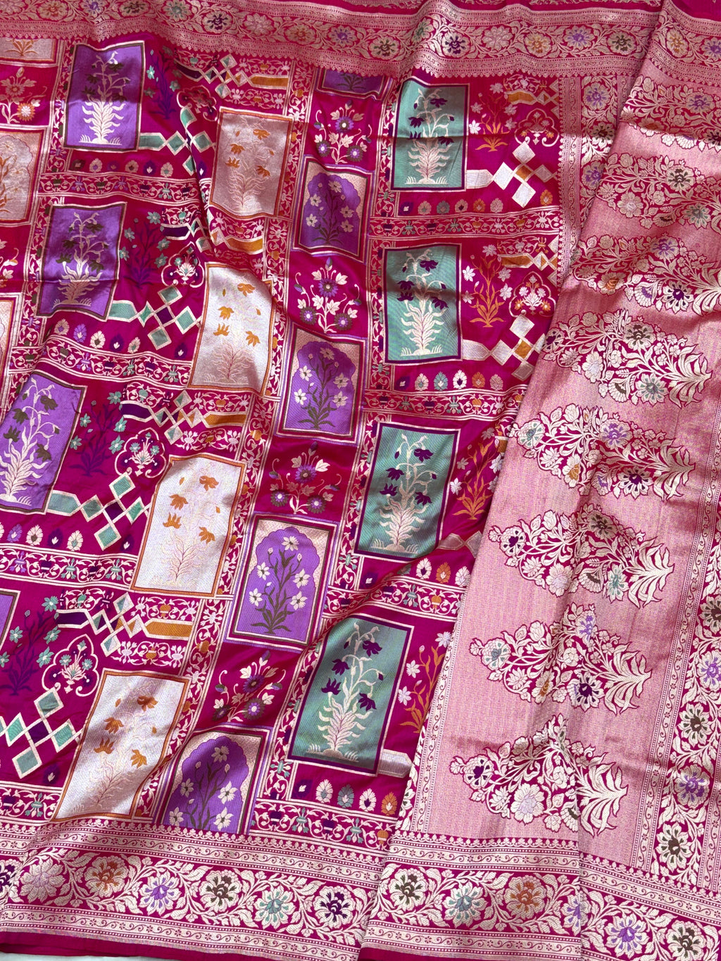Rani Pink Pure Katan Silk Handloom Banarasi Saree- Rangkaat pattern