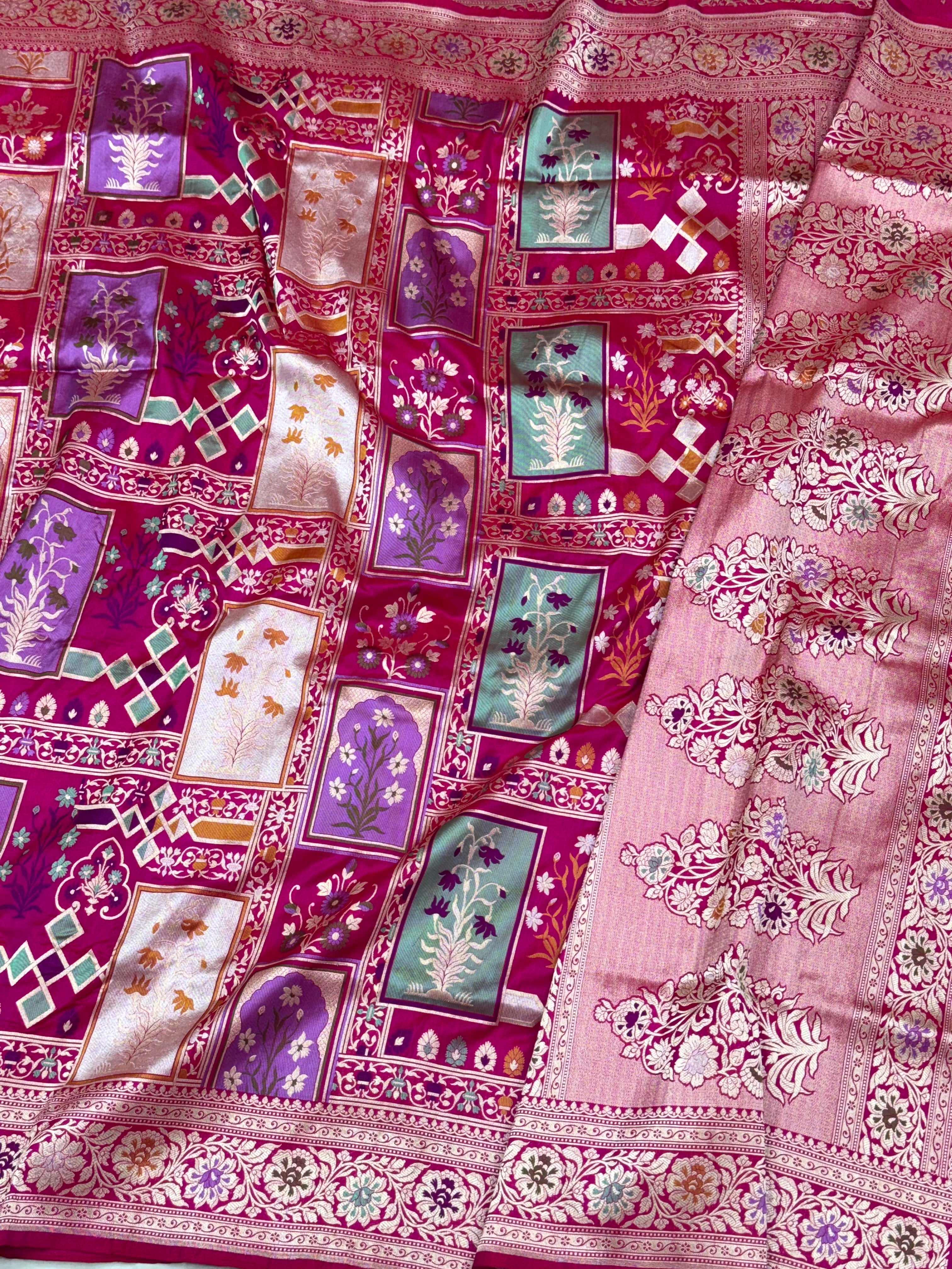 Rani Pink Pure Katan Silk Handloom Banarasi Saree- Rangkaat pattern