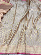Beige Pure Satin Silk Handwoven Soft Drape Banarasi Saree