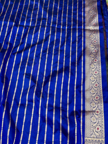 German Blue Pure Mulberry Katan Silk Handloom Banarasi Saree |Rangkaat|