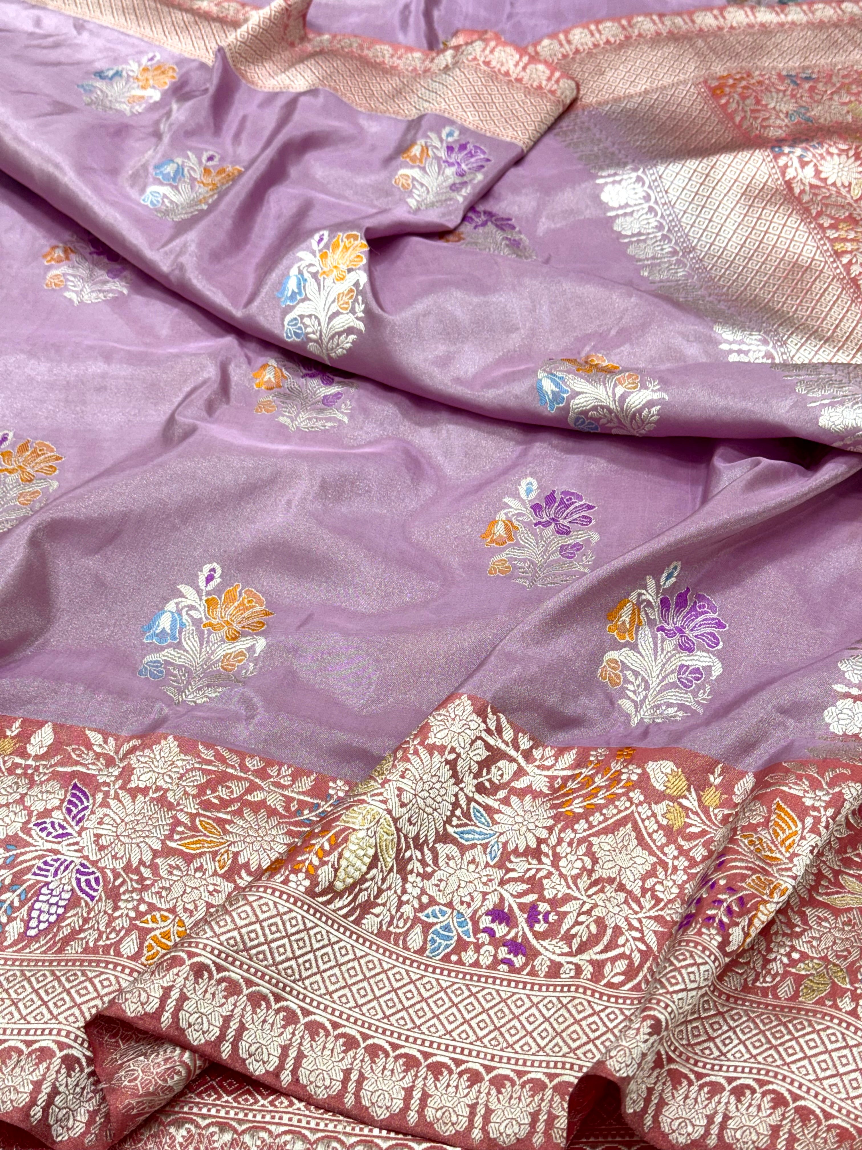 Lavender Pure Double Katan Tissue Silk Handwoven Banarasi Saree
