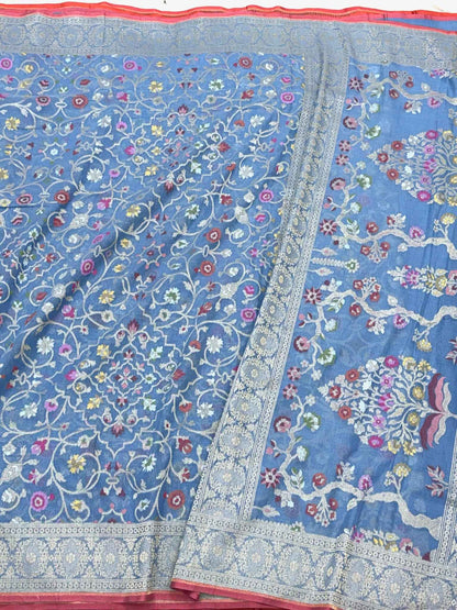Blue Pure Muslin Cotton Jamdani Handloom Banarasi Saree | Ektara Weave |