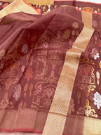 Brown Pure Kora Organza Silk Ektara Jamdani Handwoven Banarasi Saree