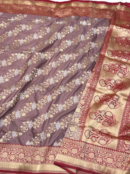 Mauve Brown Pure Mulberry Katan Silk Handwoven Banarasi Saree