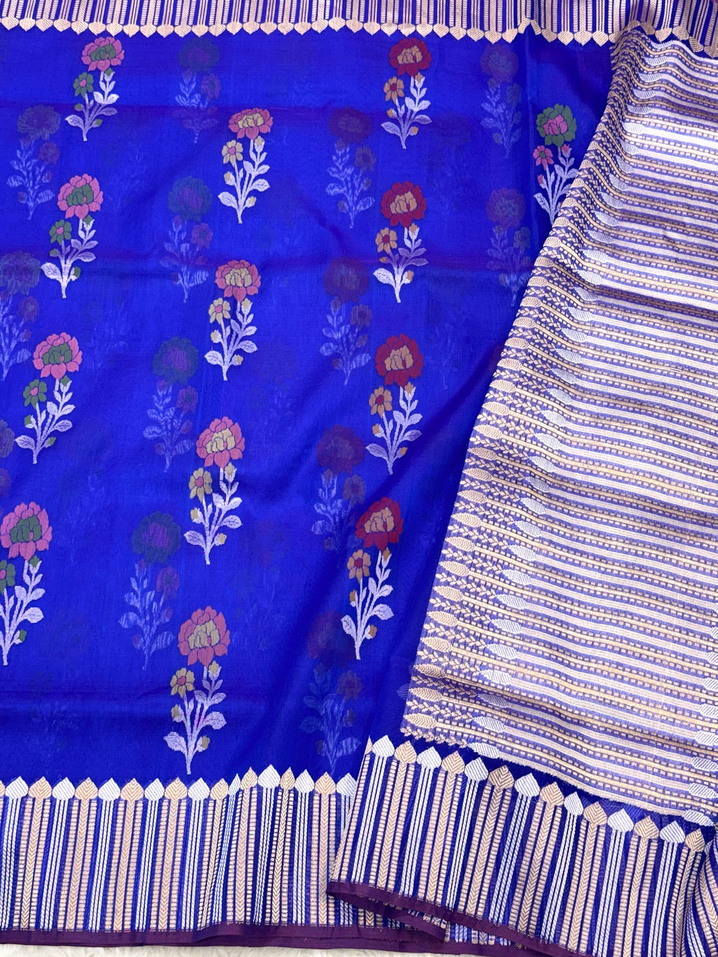 Blue Pure Kora Organza Jamdani Handwoven Banarasi Saree