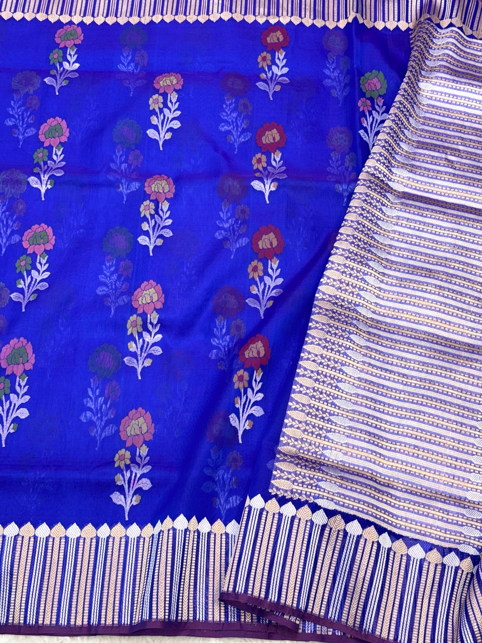 Blue Pure Kora Organza Jamdani Handwoven Banarasi Saree