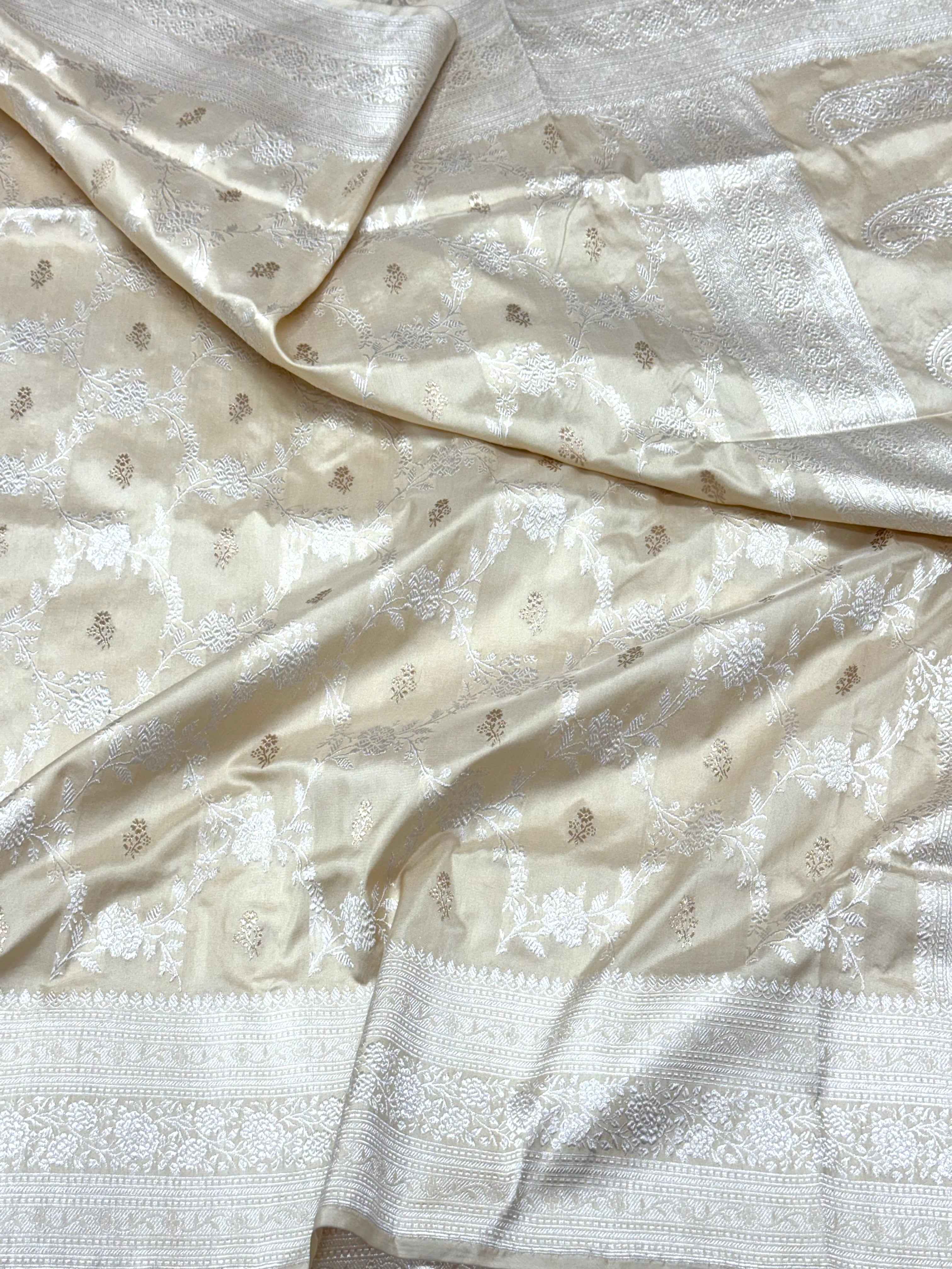 Ivory Pure Mulberry Katan Silk Handwoven Banarasi Saree