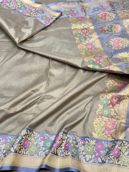 Steel Gray Pure Katan Silk Handwoven Banarasi Saree |Kadhuwa Weave|