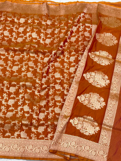 Mustard Yellow Pure Mulberry Katan Silk Handloom Banarasi Saree