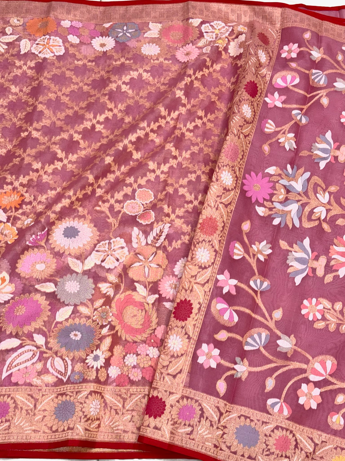 Pink Pure Mulberry Kora Silk | Ektara Technique | Jamdani Handloom Contemporary Banarasi Modern Saree