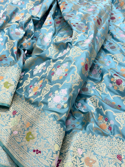 Sky Blue Pure Mulberry Double Katan Silk | Kadhwa Weave | Handwoven Premium Modern Banarasi Saree - Persian Jaal