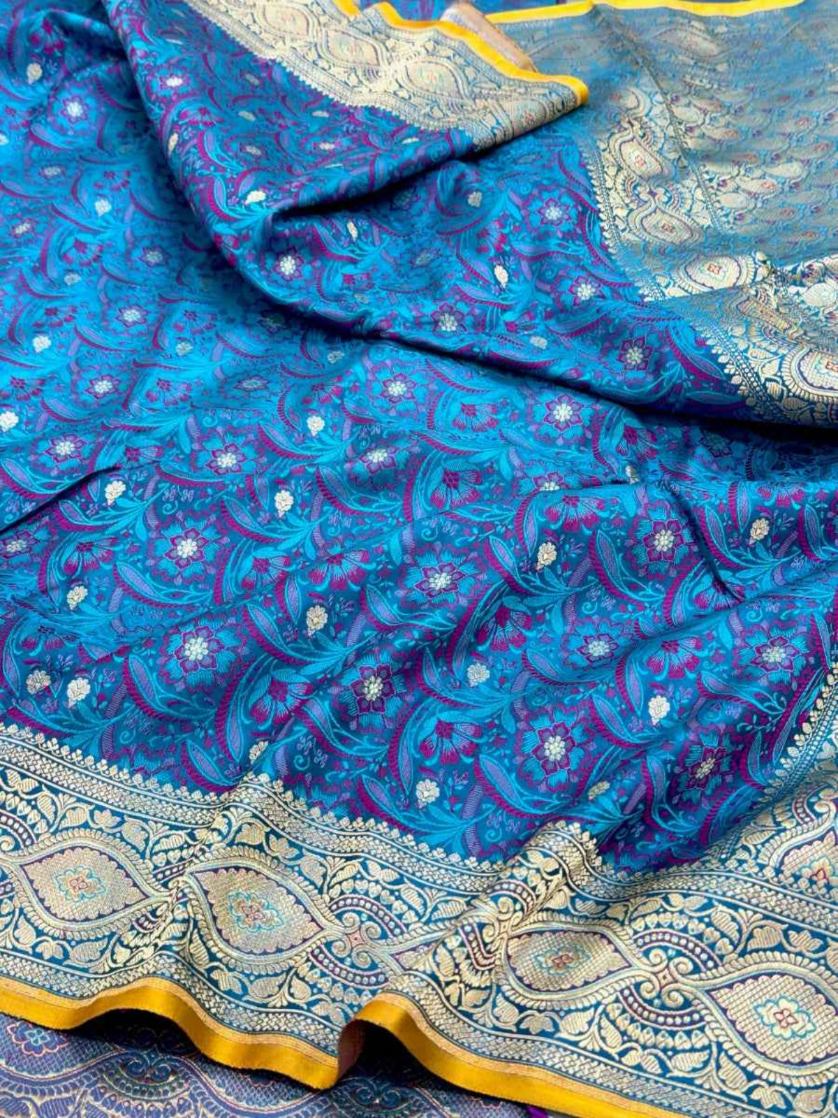 Saphire Blue Pure Satin Silk Handwoven Soft Drape Banarasi Saree