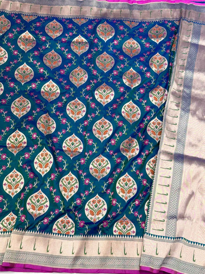 German Blue Pure Katan Silk & Pure Mulberry Silk Handloom Banarasi Saree