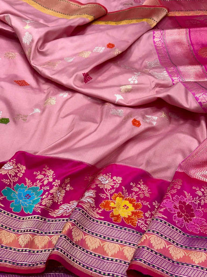 Lilac Pink Pure Katan Mulberry Silk Handwoven | Kadhwa + Kadhiyal + Ektara Weave | Banarasi Saree