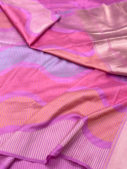 Pastel Pink Pure Mulberry Katan Silk Handwoven Banarasi Saree |Contemporary|