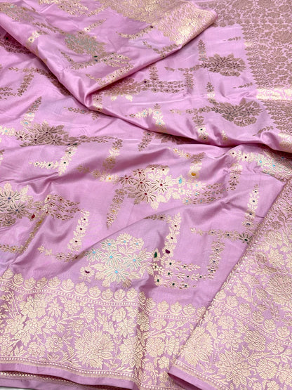 Baby Pink Pure Mulberry Double Katan Silk Handwoven Banarasi Saree - Authentic Banarasi Saree