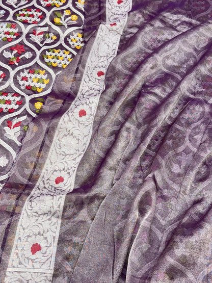 Dark Berry Purple Pure Muslin Cotton & Tissue Silk Jamdani | Ektara Weave | Handloom Banarasi Saree