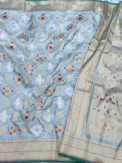 Ice Blue Pure Mulberry Silk & Pure Double Katan Silk Handwoven Premium Banarasi Saree with Kadhwa Weave