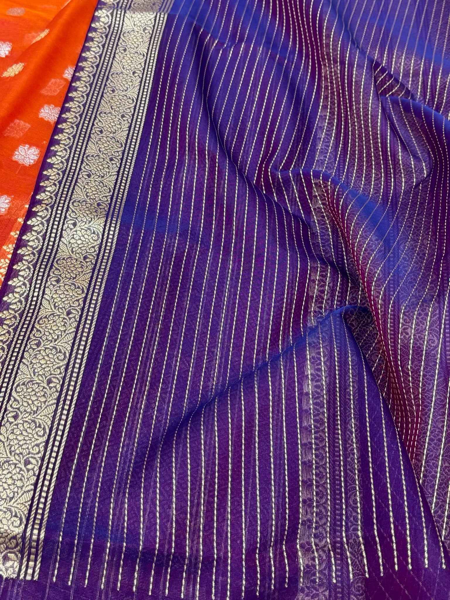 Rust Orange Pure Mulberry Kora Silk Handwoven Banarasi Saree - Skirt Border