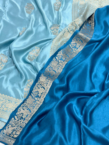 Sky Blue Pure Mashru Satin Silk Handwoven Banarasi Saree
