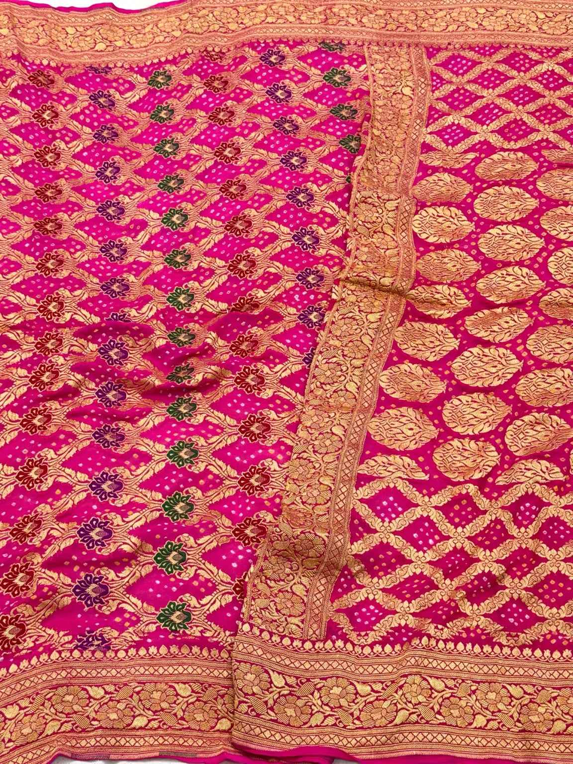 Fluorescent Pink Handloom Contemporary Banarasi Saree | Pure Chiffon Georgette Soft Drape Lightweight Bandhej Saree