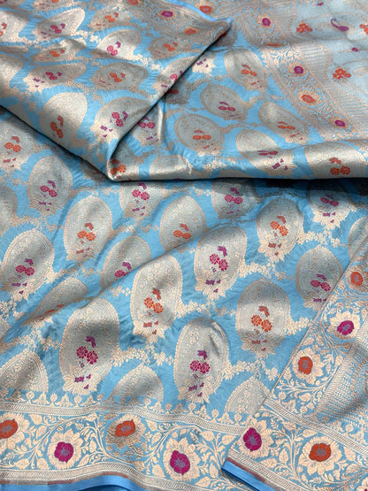 Sky Blue Pure Katan Mulberry Silk Handloom Banarasi Saree | Modern Geometrical Banarasi Saree