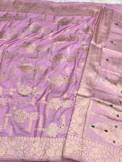 Baby Pink Pure Mulberry Double Katan Silk Handwoven Banarasi Saree - Authentic Banarasi Saree