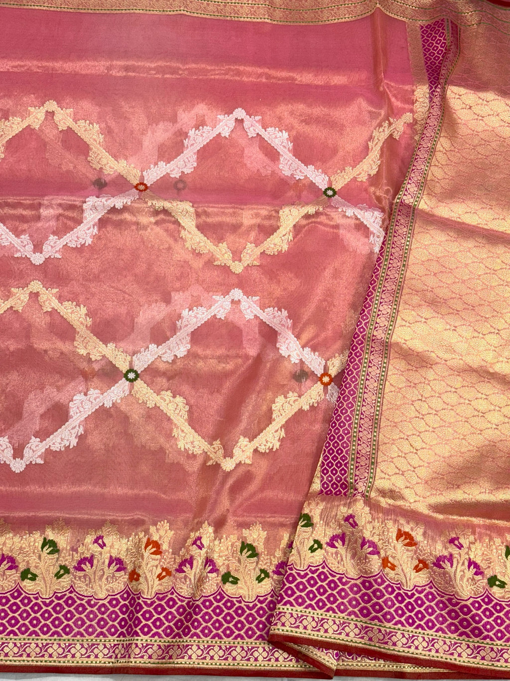 Peach Pink Pure Kora Tissue Handwoven Saree