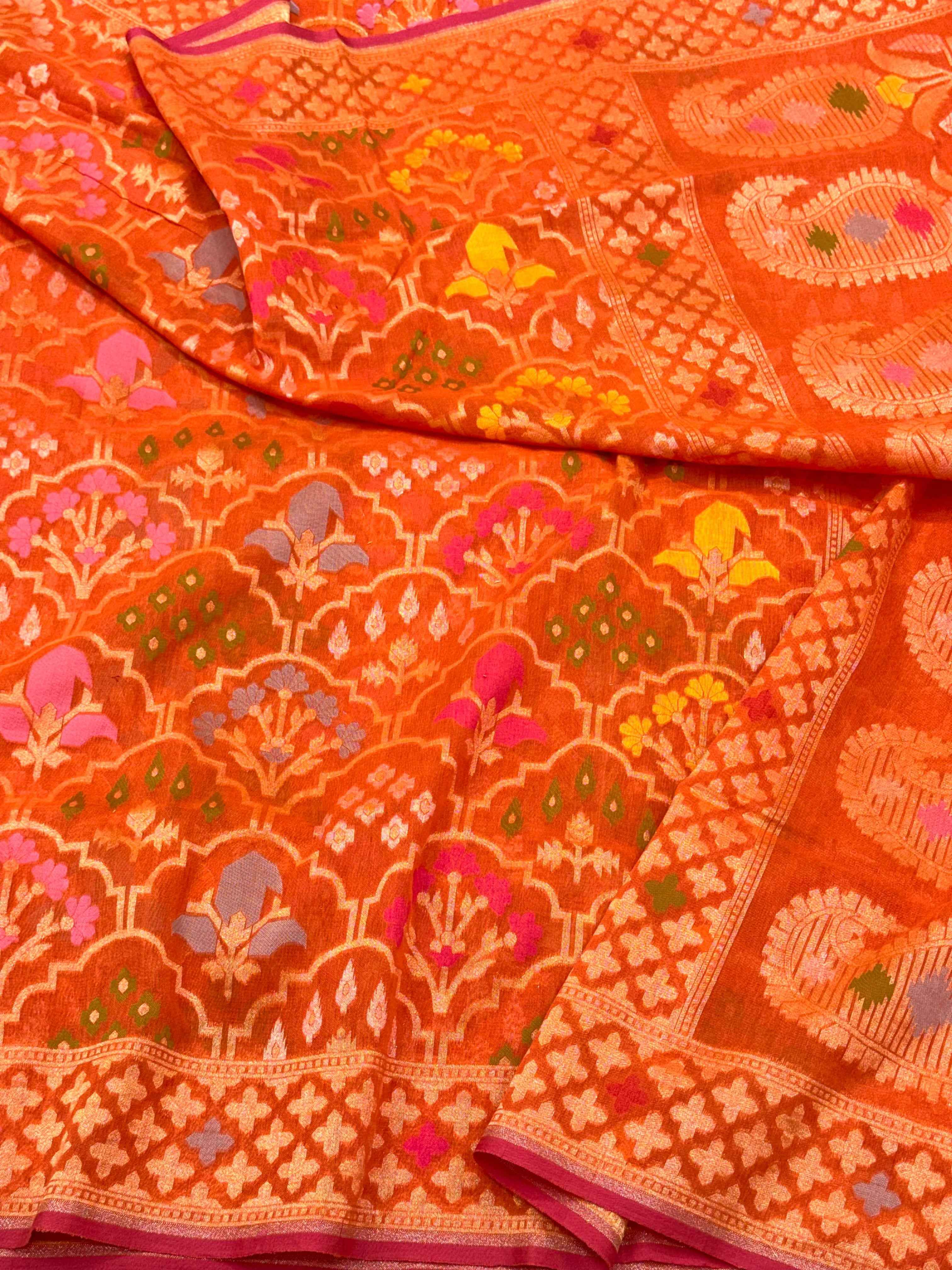 Orange Pure Muslin Cotton Jamdani Handloom Banarasi Lightweight Ektara Saree