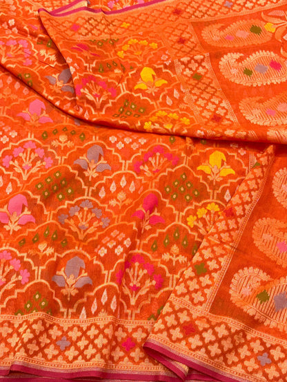 Orange Pure Muslin Cotton Jamdani Handloom Banarasi Lightweight Ektara Saree