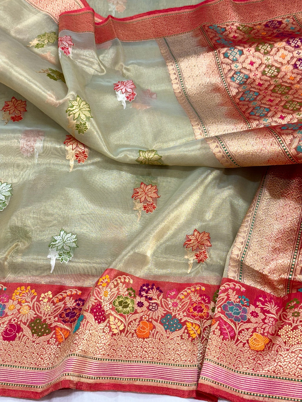 Green Pastel Kora Tissue Pure Handwoven Saree