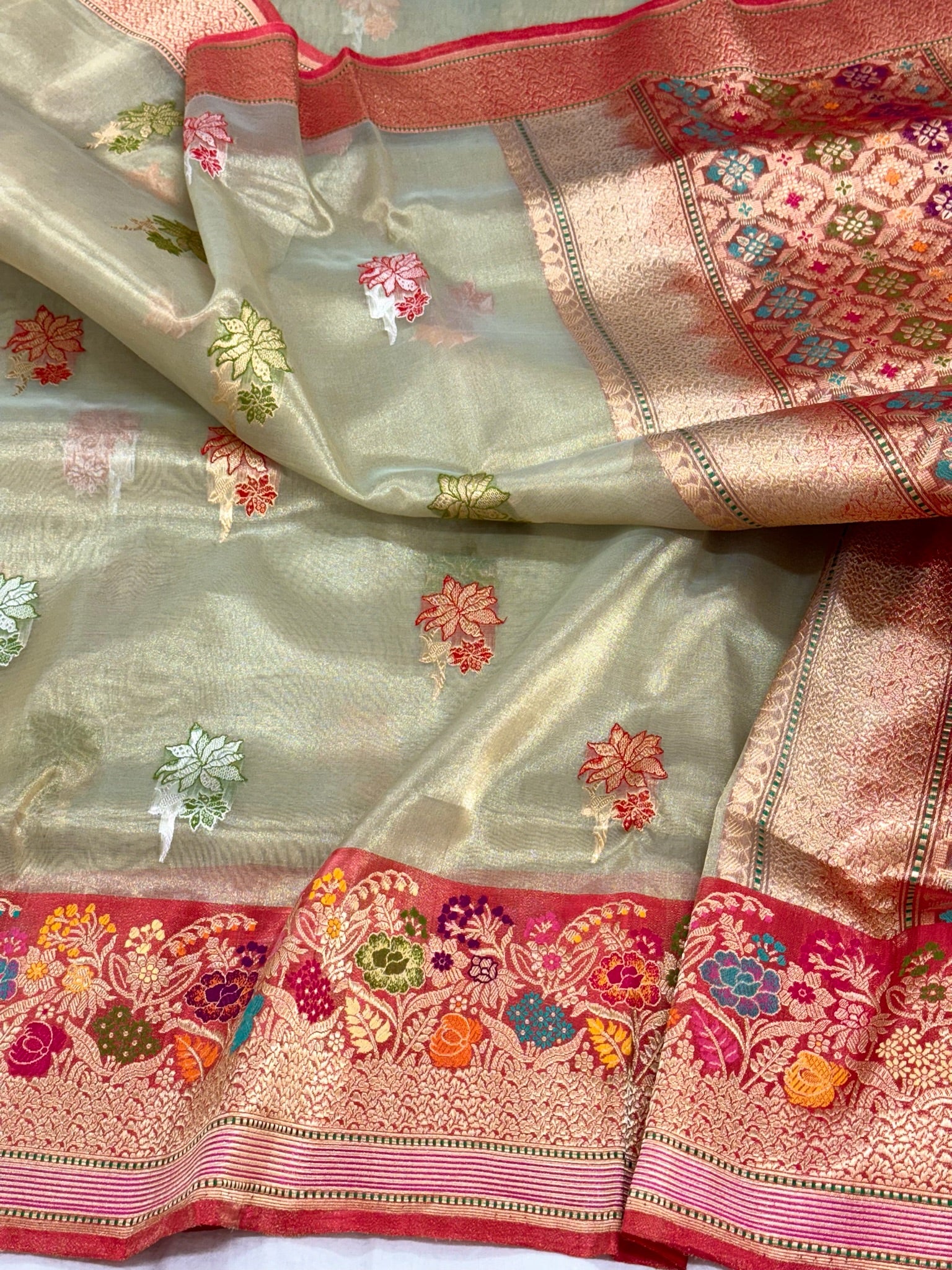 Green Pastel Kora Tissue Pure Handwoven Saree