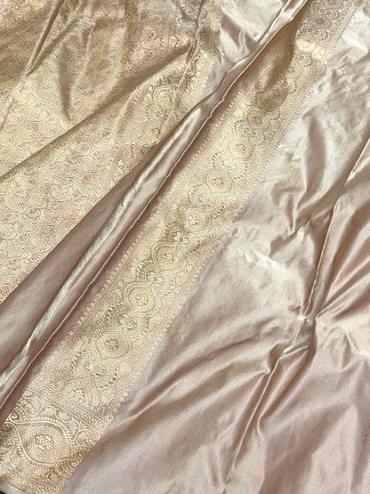 Beige Pure Satin Silk Handwoven Soft Drape Banarasi Tanchoi Saree