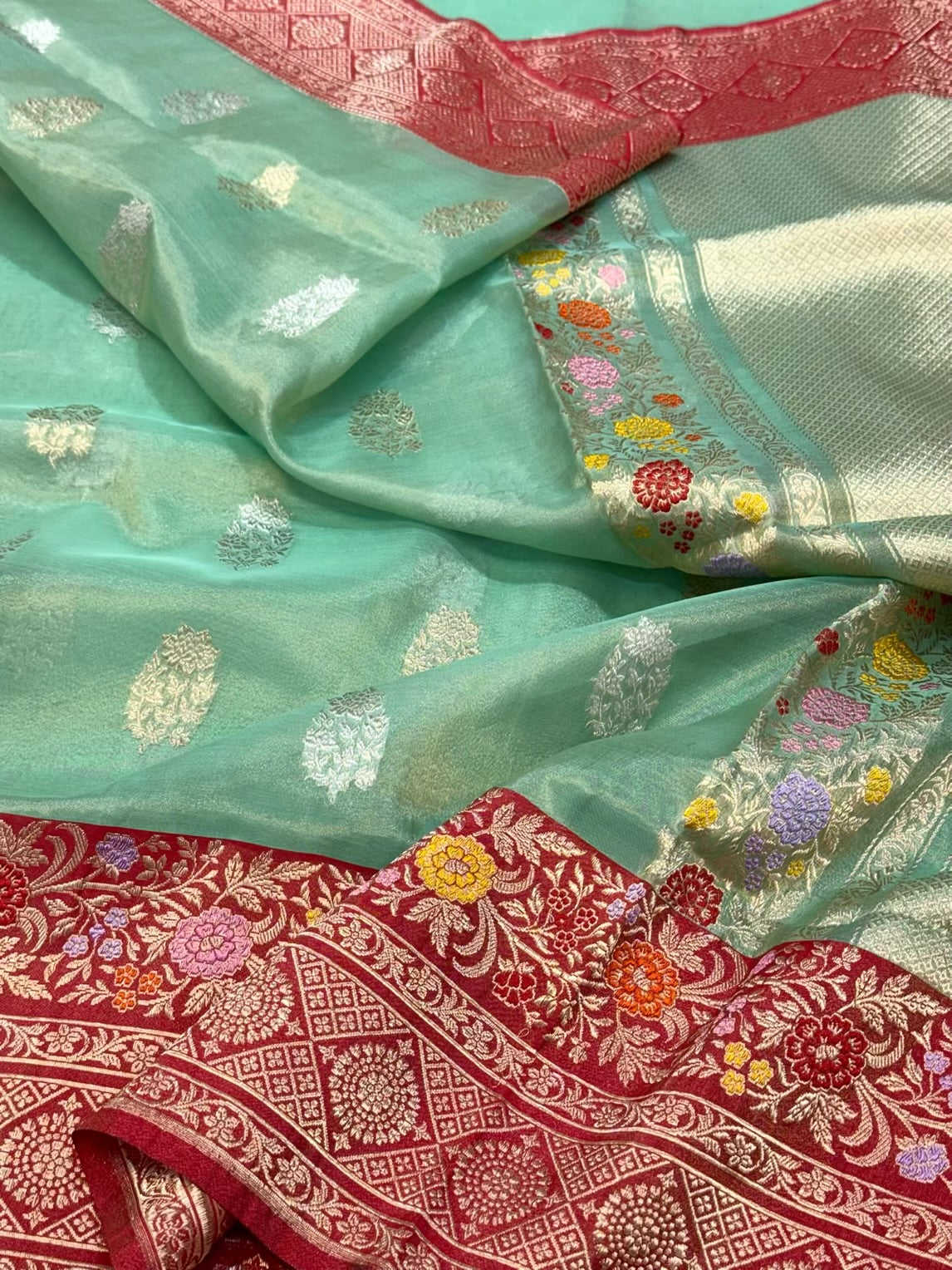 Sea Green Pure Kora Tissue Silk Handwoven Banarasi Silk Saree | Katan Silk Border & Blouse