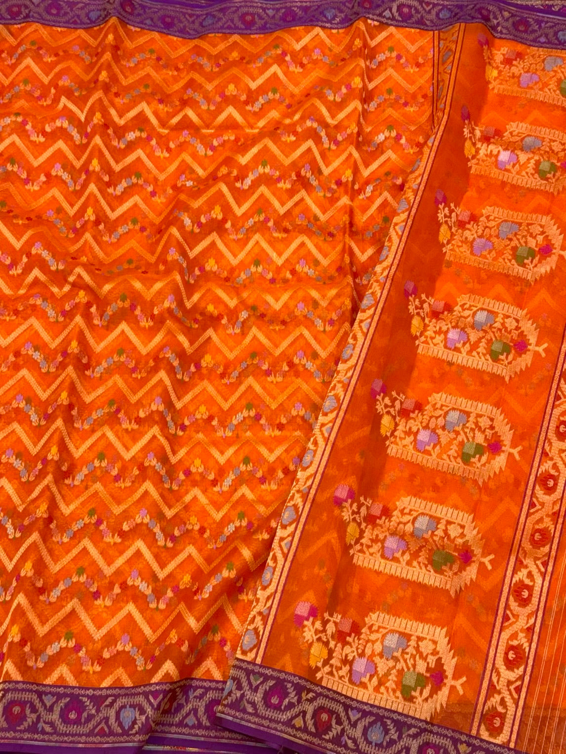 Orange Pure Kora Silk Ektara Weave Lightweight Handloom Banarasi Silk Saree