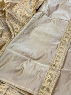 Ivory Pure Satin Silk Handwoven Banarasi Tanchoi Saree