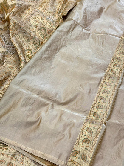 Ivory Pure Satin Silk Handwoven Banarasi Saree |Tanchoi|