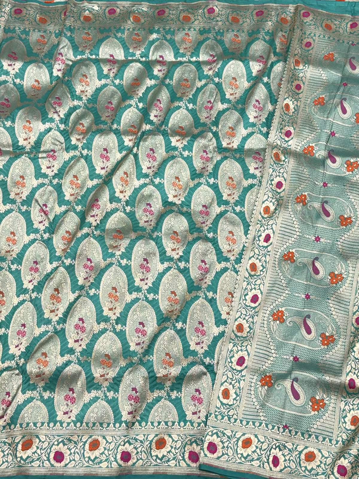 Sea Green Pure Katan Mulberry Silk Handloom Banarasi Saree | Modern Geometrical Banarasi Saree