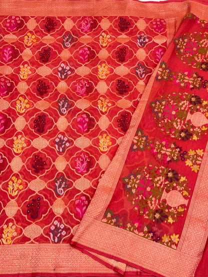 Reddish Orange Pure Muslin Cotton Jamdani Ektara Weave Handloom Banarasi Saree