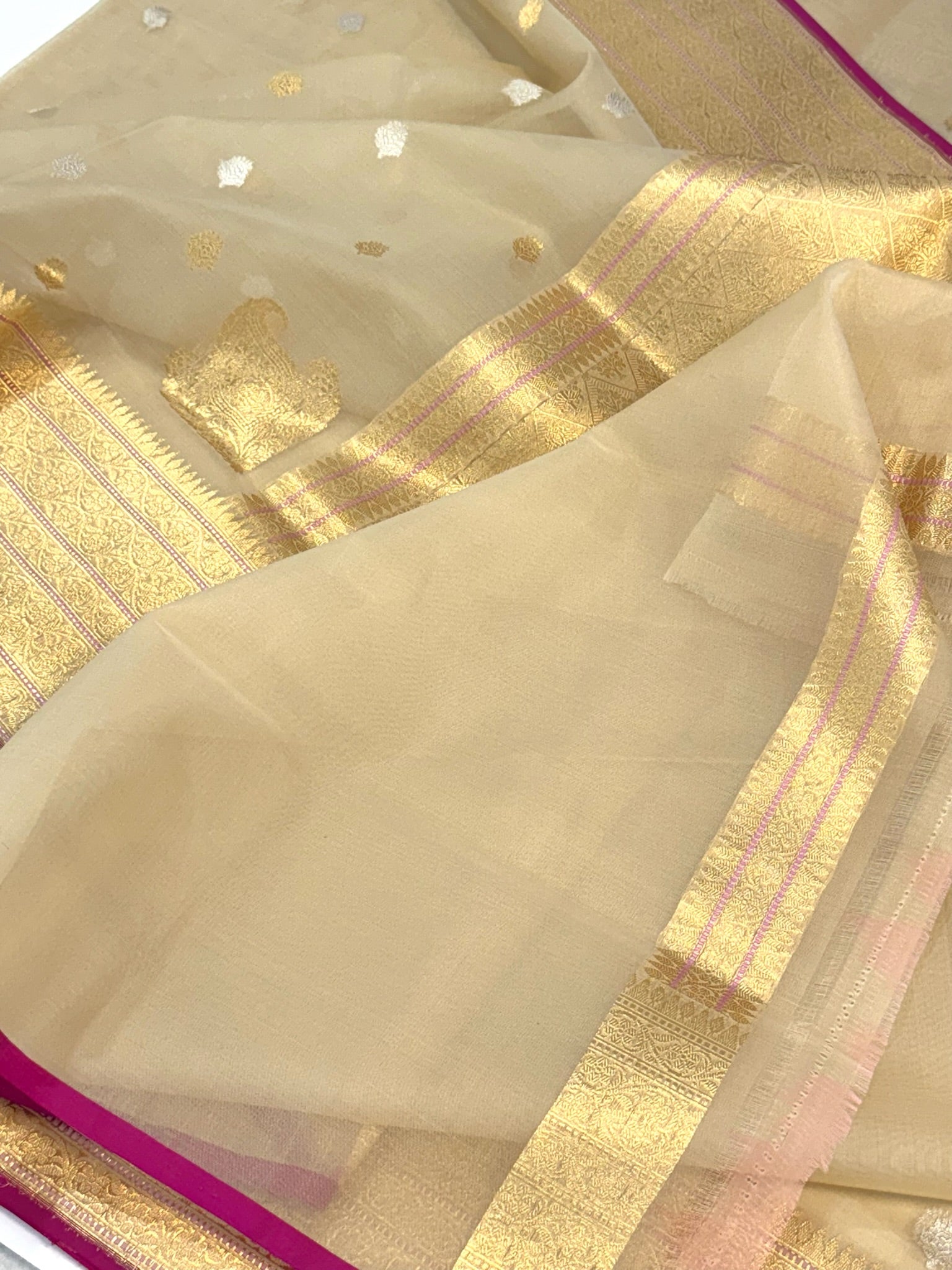 Beige Kora Silk Pure Handwoven Saree