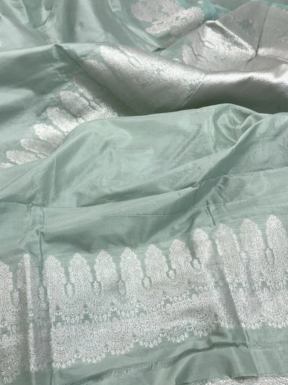 Light Teal Green Pure Katan Silk Kadhua weave Handwoven Banarasi Saree