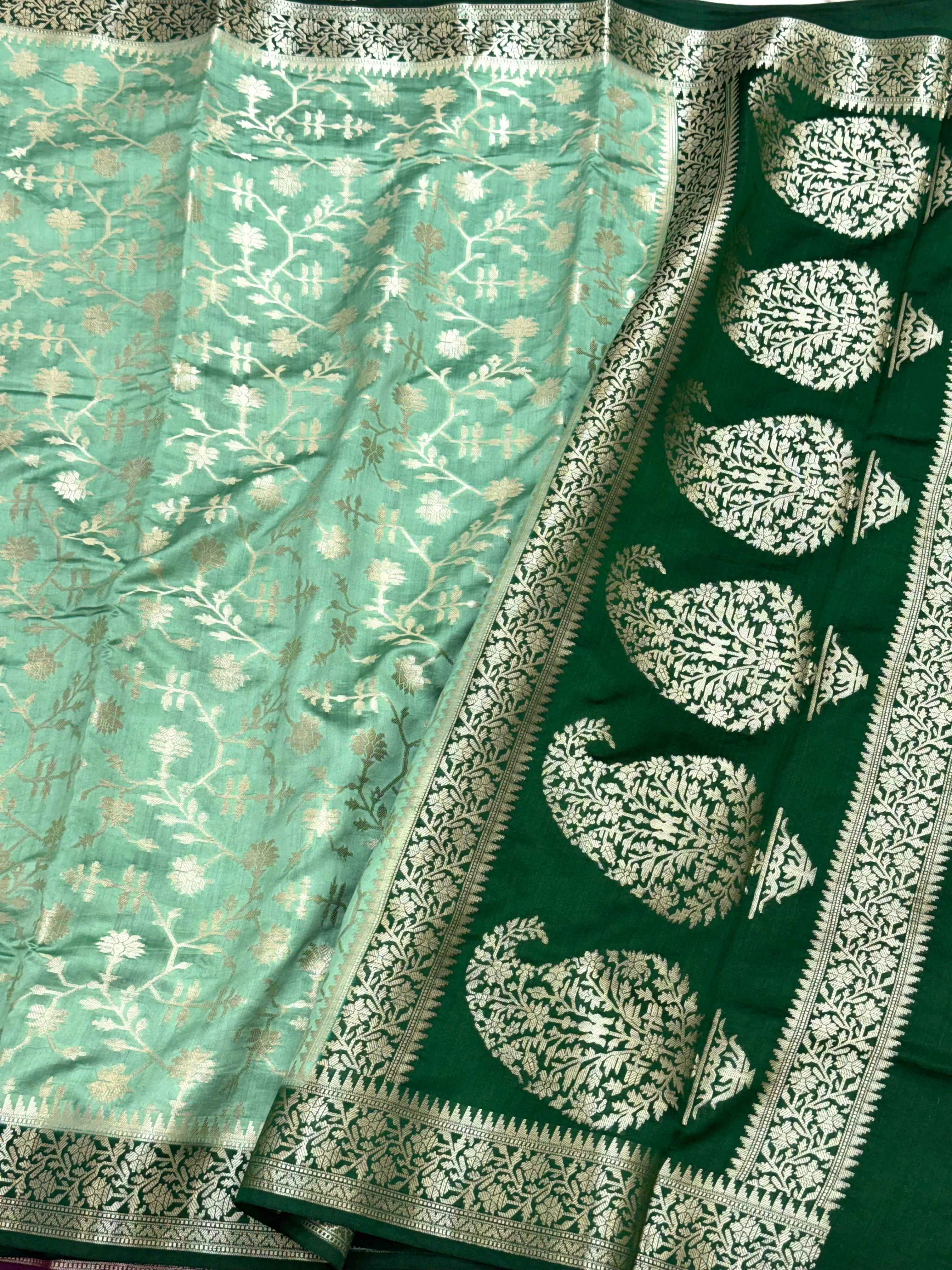Sea Green Pure Mulberry Chiniya Silk Handloom Banarasi Saree - Soft Drape
