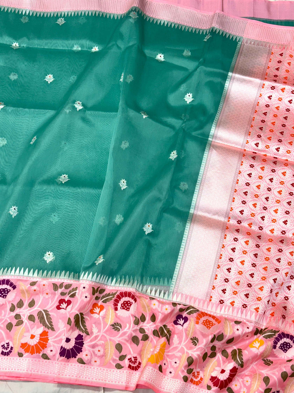 Laurel Green Pure Kora Silk Handwoven Banarasi Saree