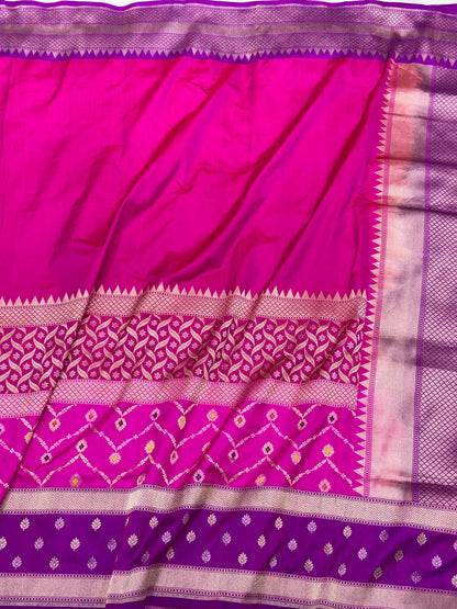 Pink Pure Mulberry Katan Silk | Ektara Kadhwa Technique | Multi Jaal Handwoven Contemporary Authentic Banarasi Saree