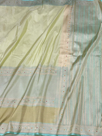 Light Pista Green Pure Mulberry Katan Silk Handwoven | Kadhwa Technique | Contemporary Banarasi Saree
